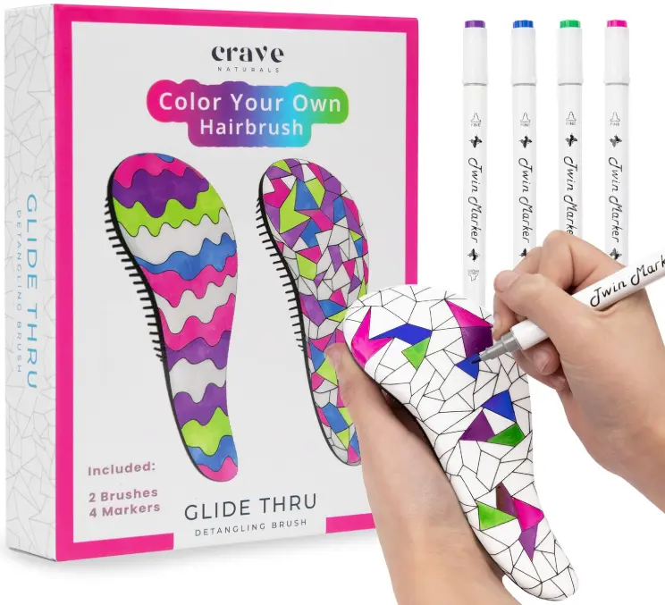 Crave Naturals Color Your Own Mini Detangler Brushes 2pk, Arts & Crafts Activity for Kids 4-8, Wavy/Mosaic